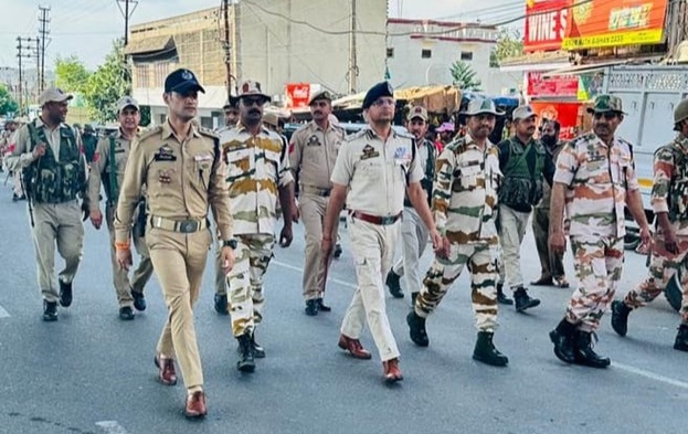 SSP Samba leads a flag march in Samba town ahead of second phase of Parliamentary elections