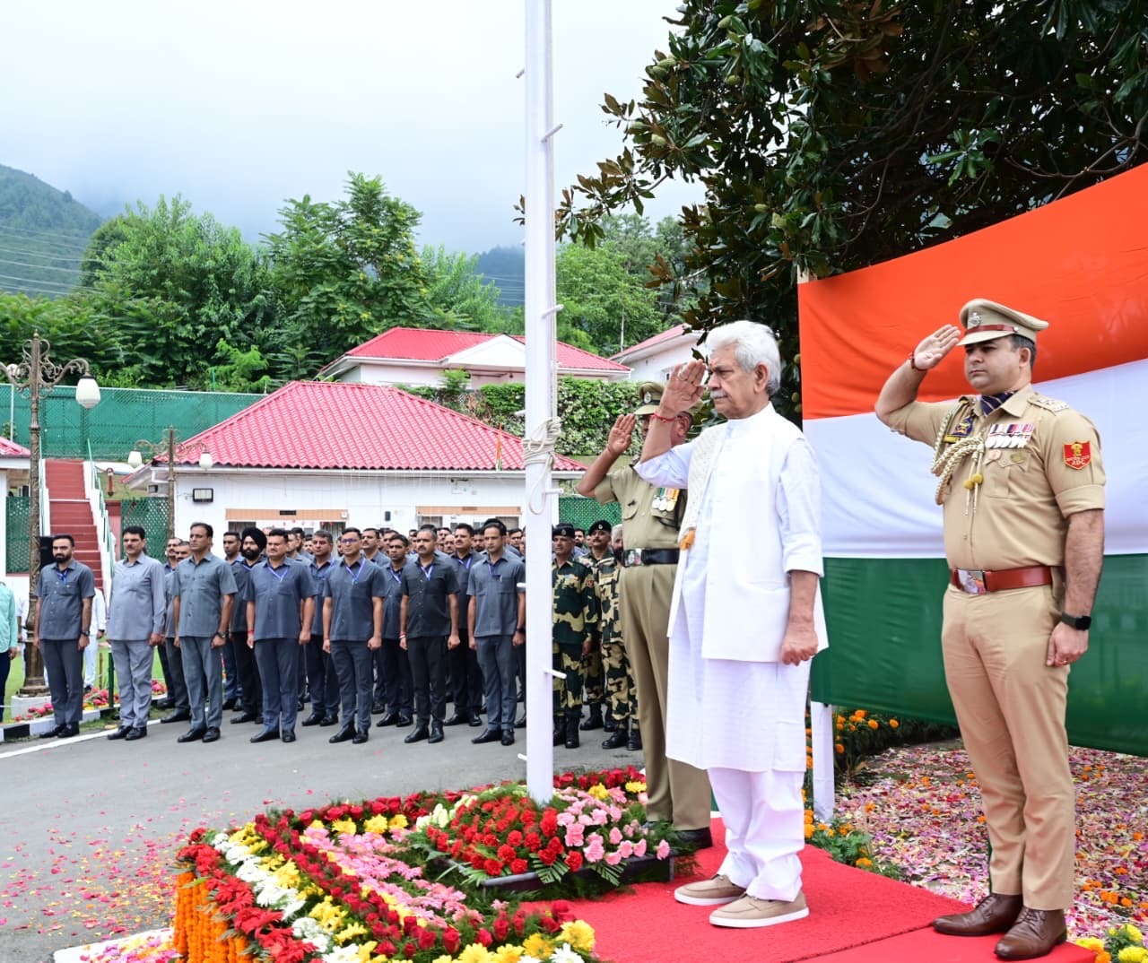 'Lieutenant Governor Manoj Sinha  hoists National Flag at Raj Bhavan in Srinagar on the 79th Independence Day'