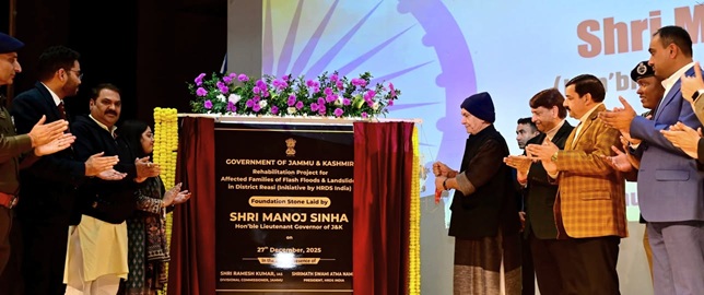 LG Manoj Sinha lays foundation stone to build 320 houses completely damaged during flash floods/landslides 