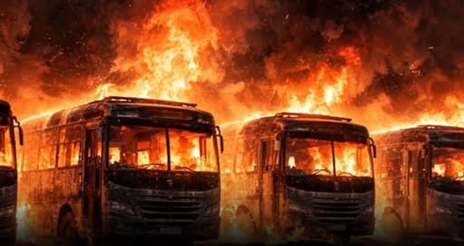 7 passenger Buses damaged in a late-night fire incident at a bus stand in J&K