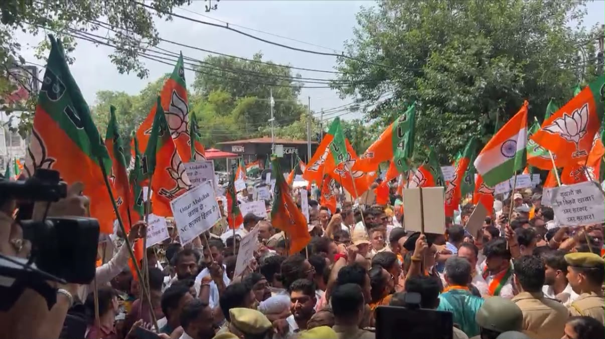 'Sat Sharma , Sunil Sharma led massive BJP protest against NC Govt in Jammu '