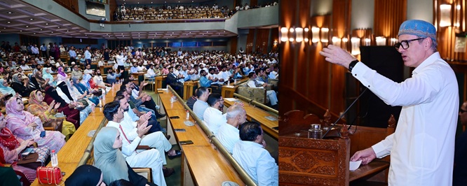CM Omar Abdullah addresses one-day Education Conference organized by J&K Teachers Forum at SKICC