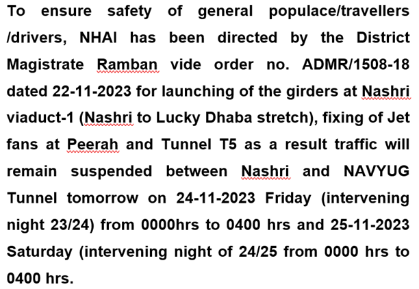 Jammu-Srinagar National Highway To Remain Closed For Repair Work On 24th, 25th Nov 
