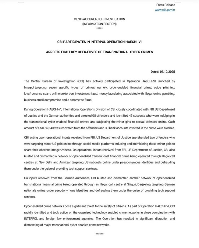 'CBI arrests 8 offenders and identifies 45 suspects indulging in transnational cyber-enabled financial crimes and subjecting the minor girls to sexual offences online'