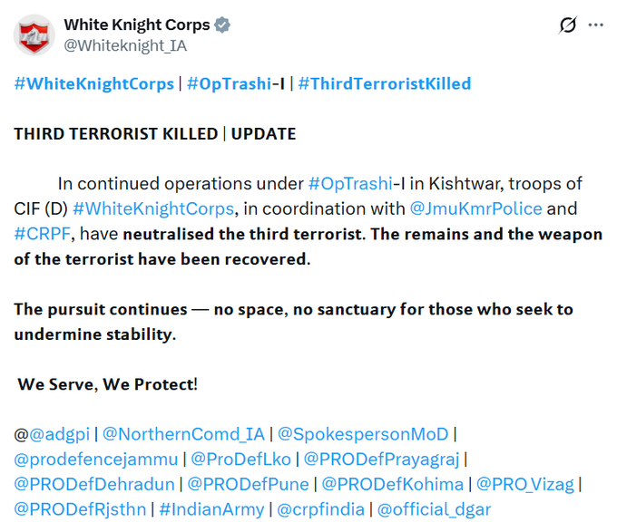 3rd Terrorists killed in Kishtwar gunfight, war-like stores recovered 