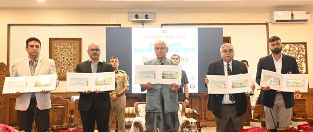 LG Manoj Sinha releases Special Cover, a commemorative postal envelope, on J&K Ranji Trophy Champions 2025-26 
