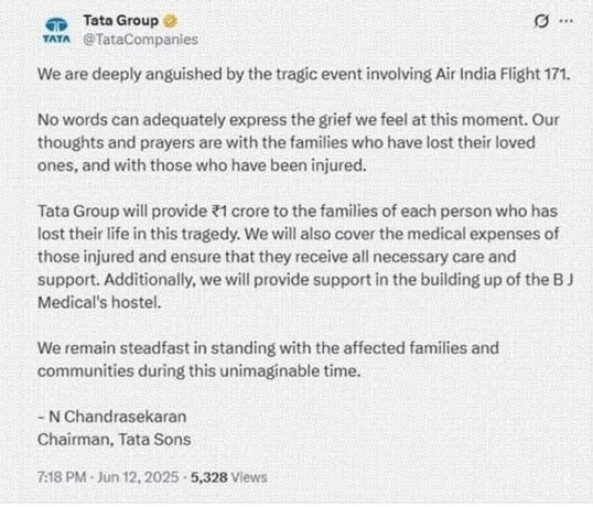 Tata Group to give Rs 1 Crore to families of each person died in AI Plane Crash 