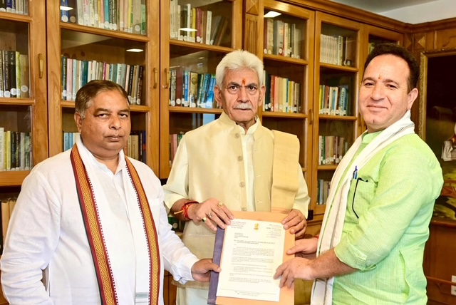 LoP Sunil Sharma calls on LG J&K over Urdu language issue for Naib Tehsildar Exam,  Sat Sharma accompany