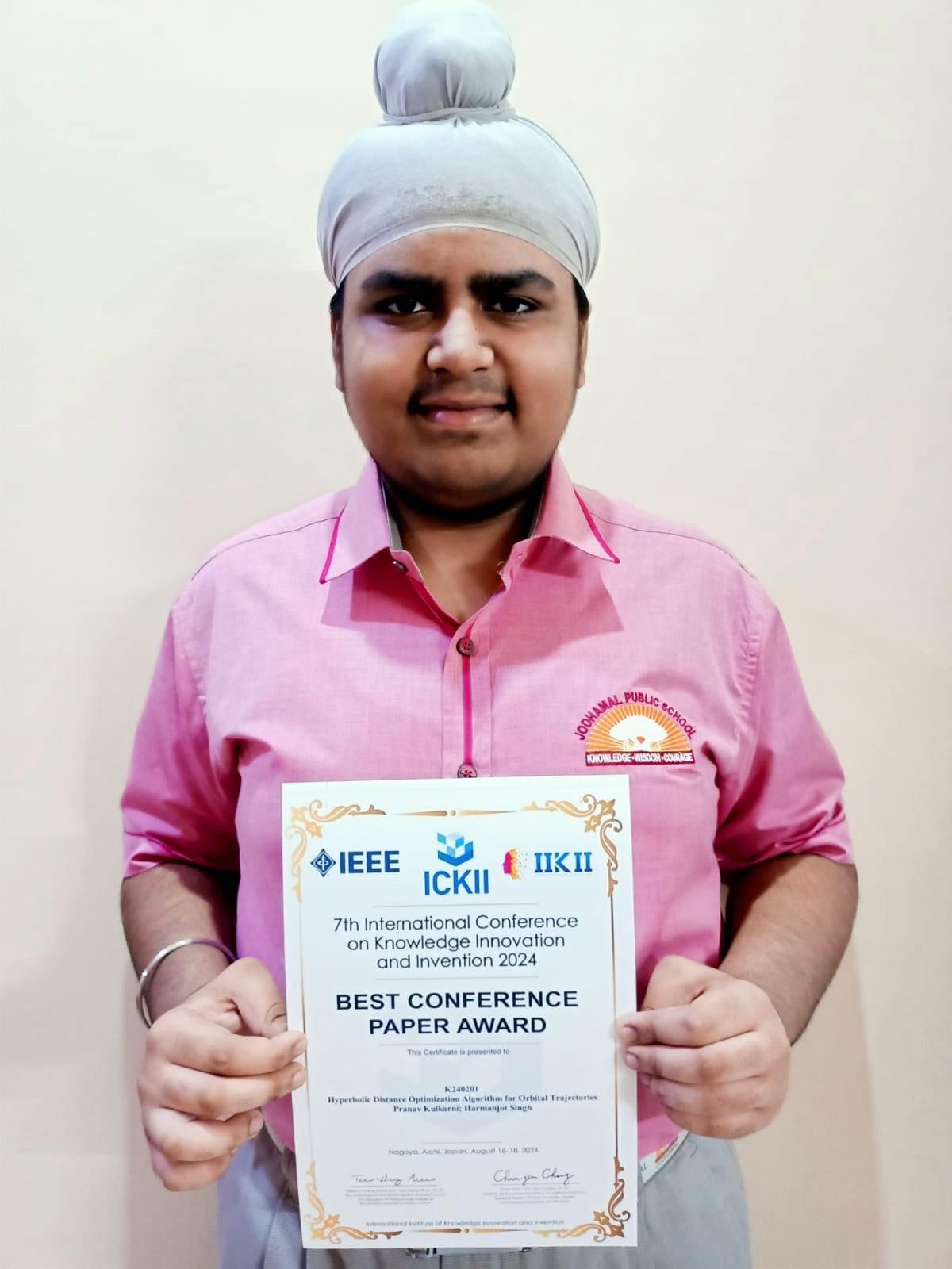 Harmanjot Singh of Jodhamal School Wins Best Conference Paper Award in Japan