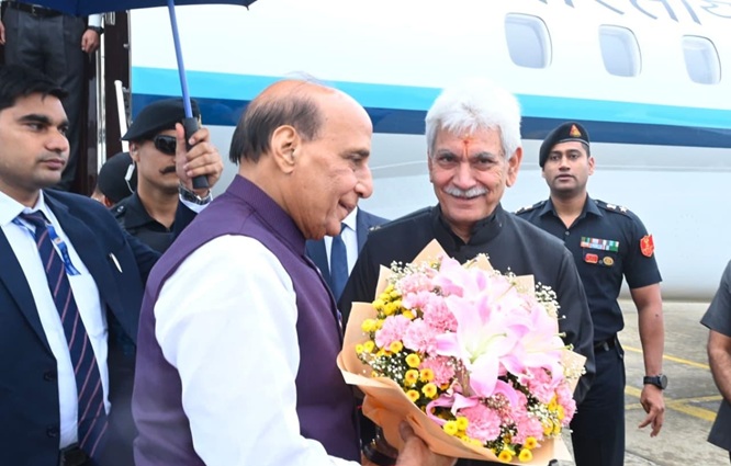 LG Manoj Sinha welcomes Raksha Mantri Rajnath Singh at Srinagar