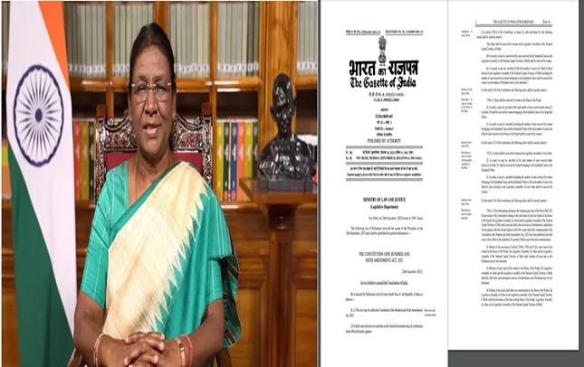 'President Droupadi Murmu grants assent to Women's Reservation Bill'