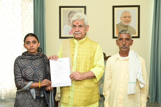 LG Manoj Sinha hands over appointment letter to sister of Bus Conductor martyred in Reasi Terror attack