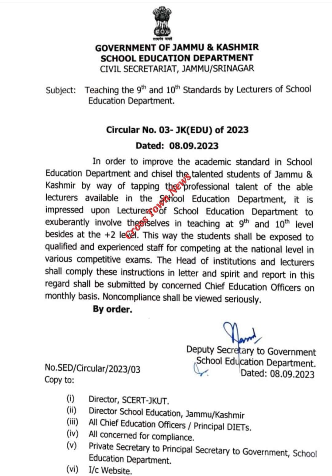 Directions regarding teaching of class 9th & 10th Standards by