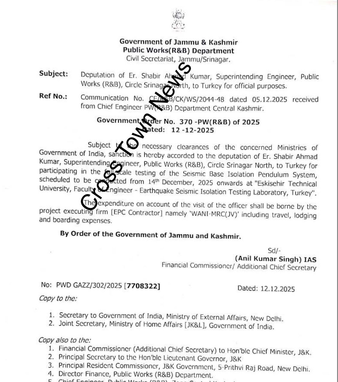 J&K Govt orders deputation of senior Engineer to Turkey for official ...