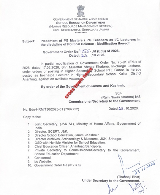 J&K Govt orders placement of PG Masters/Teacher as Lecturer