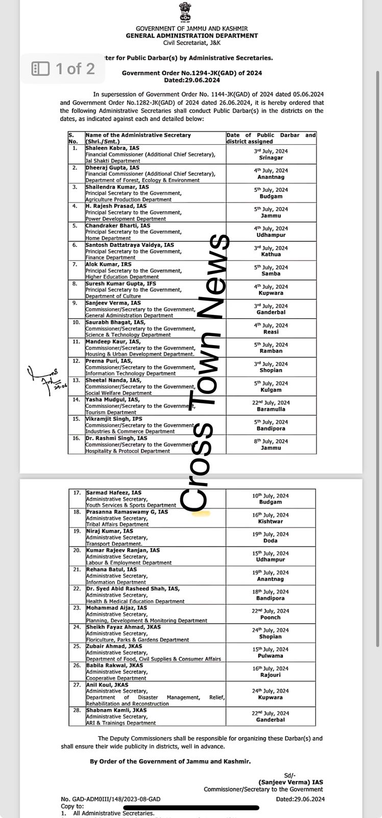 J&K Govt issues Roster for Public Darbars by Administrative Secretaries
