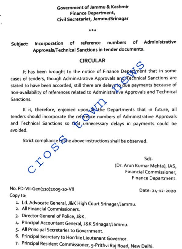 J&K: Finance Department orders for incorporation of Ref. No. of A.A./T ...