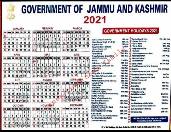 Jk Govt Issues Calendar For Year 21 Cross Town News A Leading Newspaper Of J K