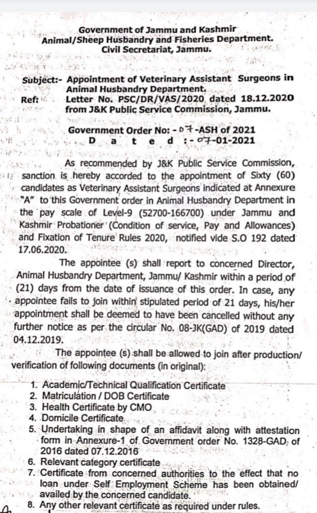 Appointment of 60 Veterinary Assistant Surgeons in J&K - Cross Town News, a Leading Newspaper of J&K Appointment of 60 Veterinary Assistant Surgeons in J&K - Cross Town News, a Leading Newspaper of J&K
