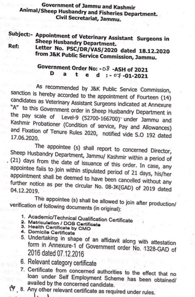 Appointment of Veterinary Astt Surgeons in Sheep Husbandry Department - Cross Town News, a Leading Newspaper of J&K Appointment of Veterinary Astt Surgeons in Sheep Husbandry Department - Cross Town News, a Leading Newspaper of J&K