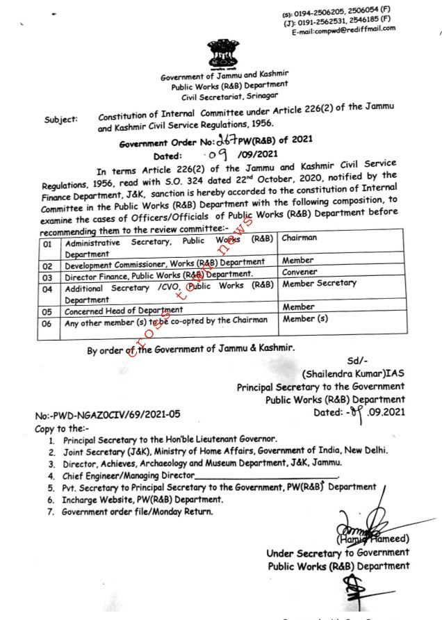 Constitution of Internal Committee under Article 226 (2) of J&K Civil