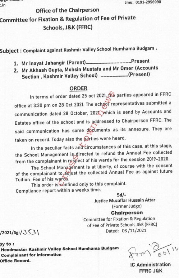 J K FFRC Orders School Management Committee To Refund Annual Fee j-k-ffrc-orders-school-management-committee-to-refund-annual-fee