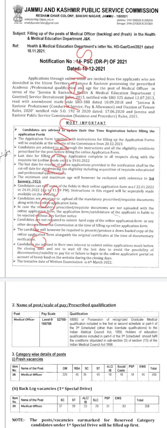 JKPSC notifies 708 posts of Medical Officers