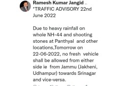Div Com Jammu  issue restrictions for traffic movement on 22.06.2022
