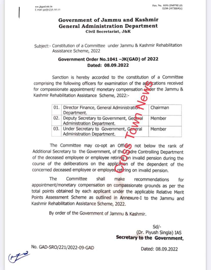 Constitution of Committee under Jammu and Kashmir Rehabilitation