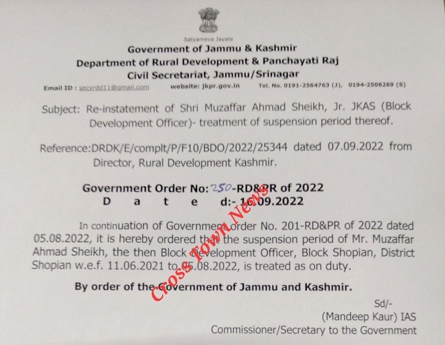 J&K Govt re instates Block Dev Officer Treatment of suspension period