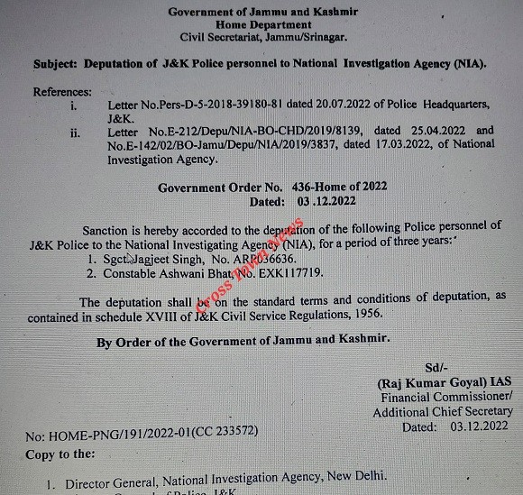 J&K Govt orders Deputation of Police Personals to NIA
