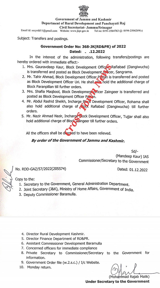 Transfer & postings of Block Development Officers in J&K Cross Town