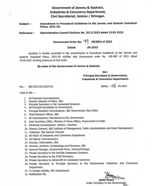 J&K Govt Amends procedural guidelines to the J&K Industrial Policy